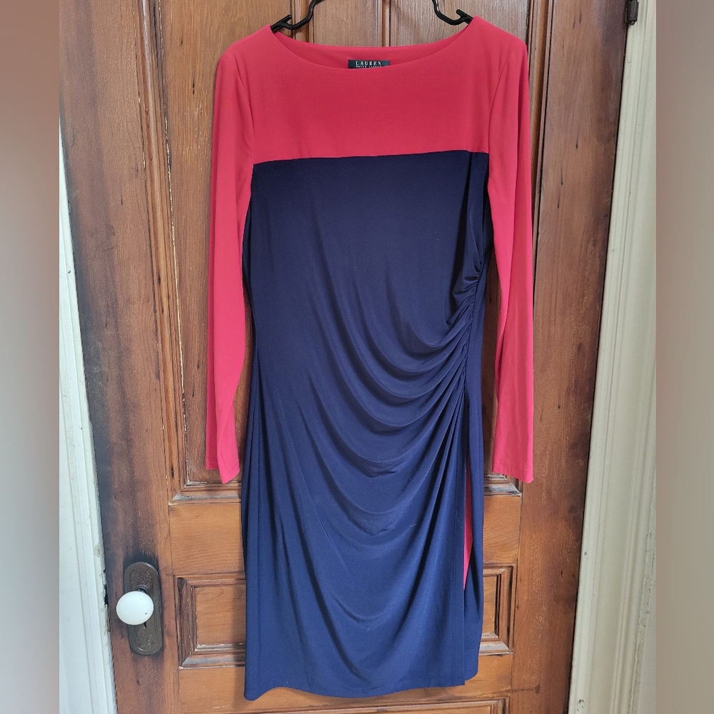 Ralph Lauren Size 14 Dress Deep Pink Navy Blue Ruched Side Stretch